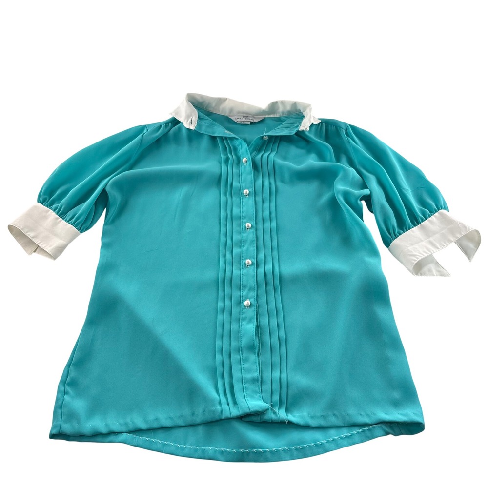 Vintage Sweetbriar Teal Blue Tuxedo Blouse White Contrast Collar Pearl Button 10